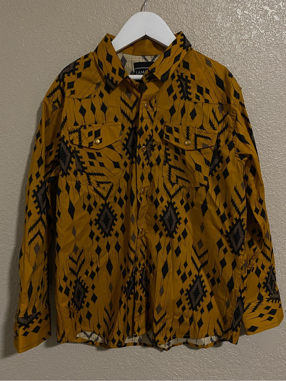 Lamasini Kids Mustard Button-Down Shirt with Black Geometric Print